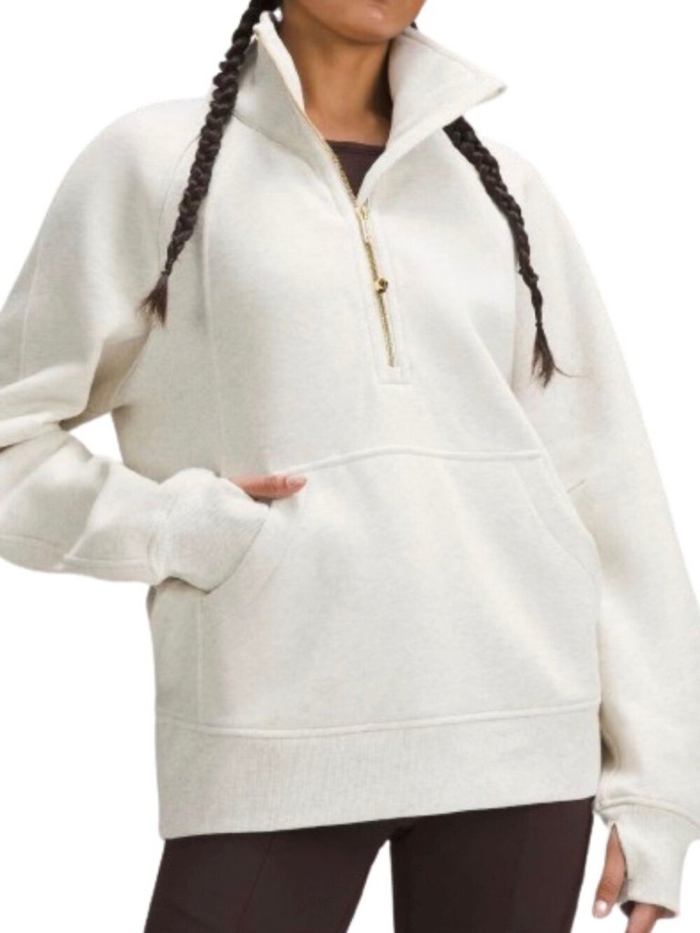 Lululemon Half Zip Pullover Women M/L Cream Cotton Kangaroo Pocket Athleisure